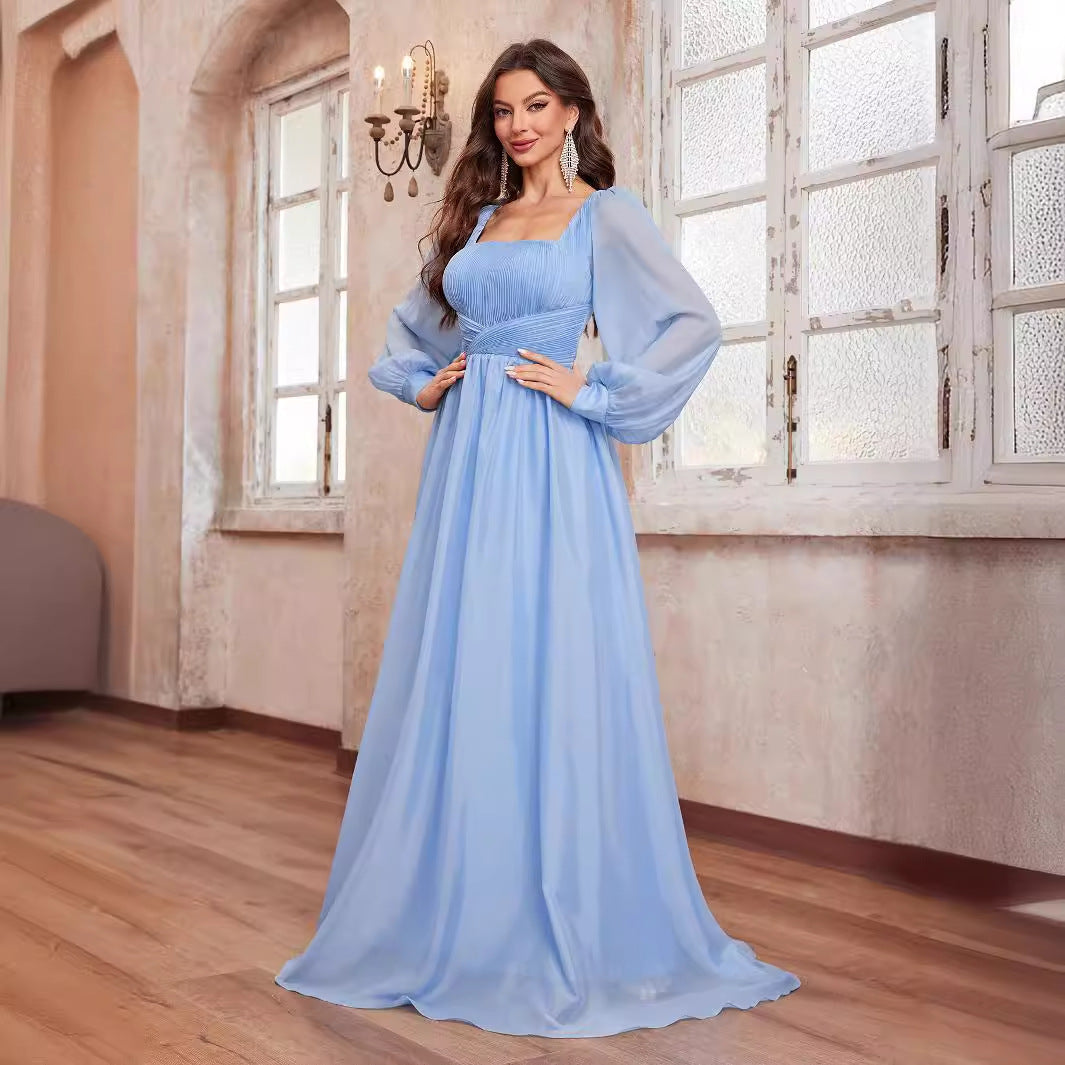 Light blue spring summer women chiffon dress with lantern sleeves and square neckline