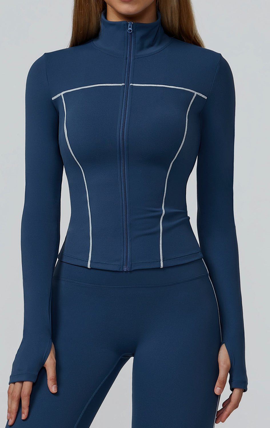 Langry warm zipper windproof slim jacket in blue with white fashion accents