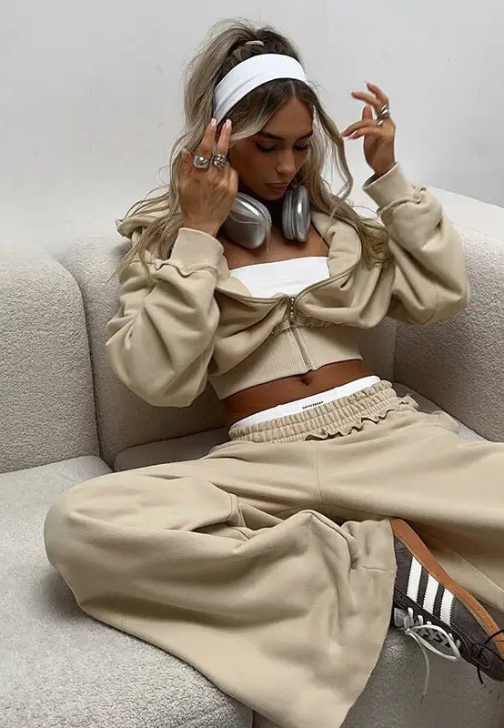 Langry fashion beige cropped hoodie with ruffled cuffs and wide-leg sweatpants suit