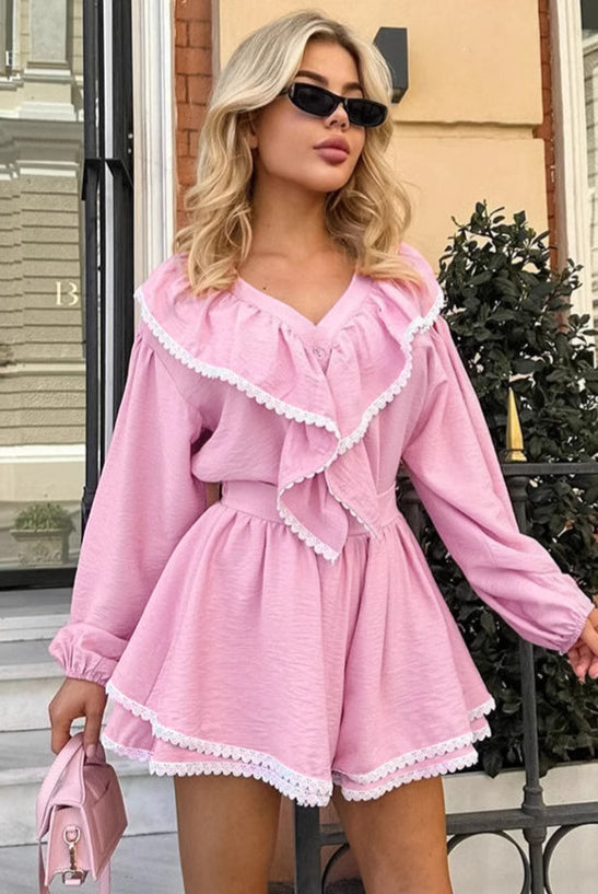 Pink ruffled romper from French Loose Shirt Shorts Two Piece Sets collection