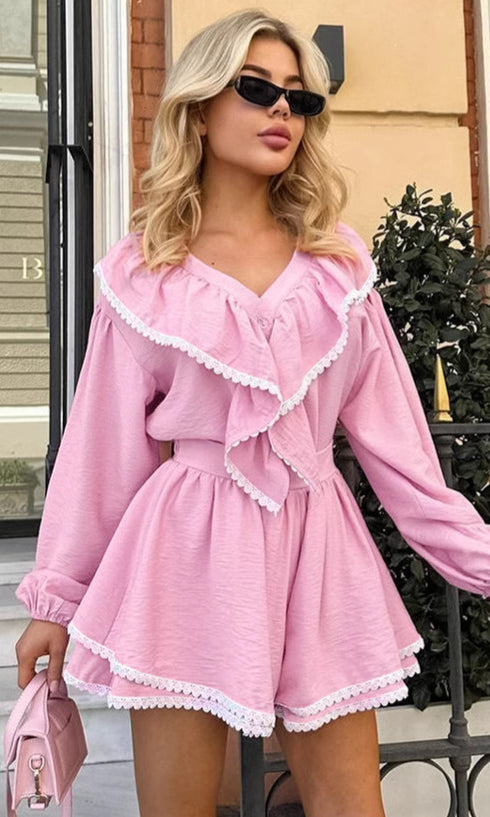 Pink ruffled romper from French Loose Shirt Shorts Two Piece Sets collection