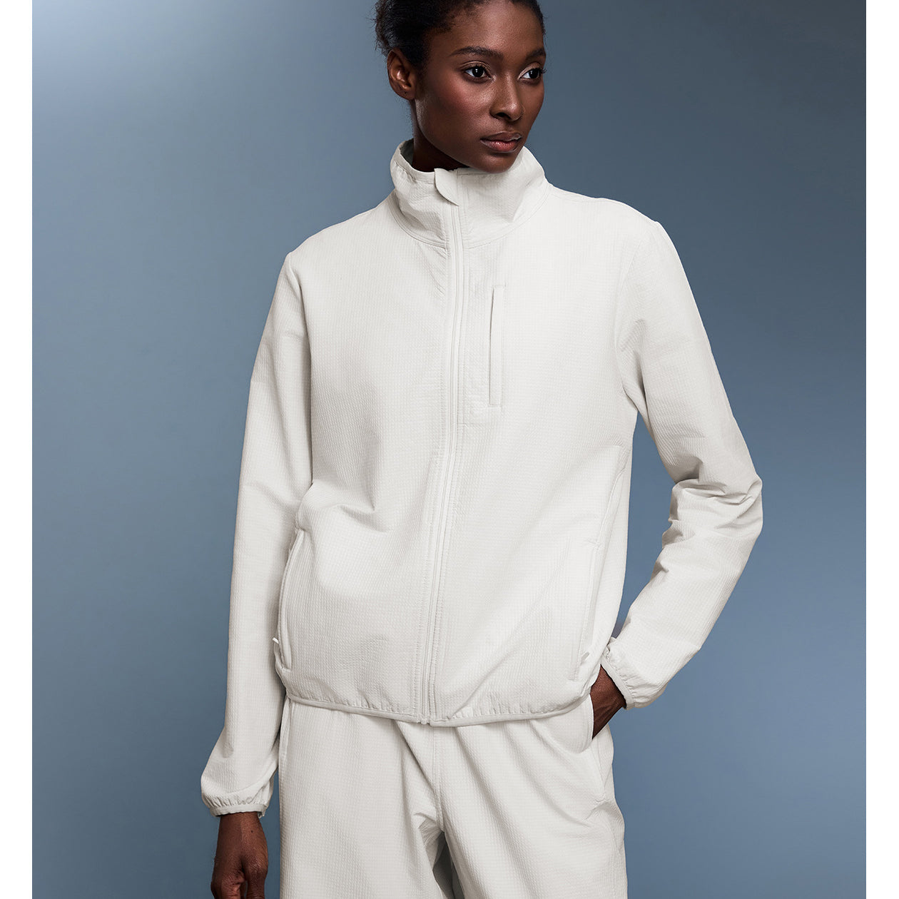 Langry white zip-up waterproof track jacket for outdoor fashion