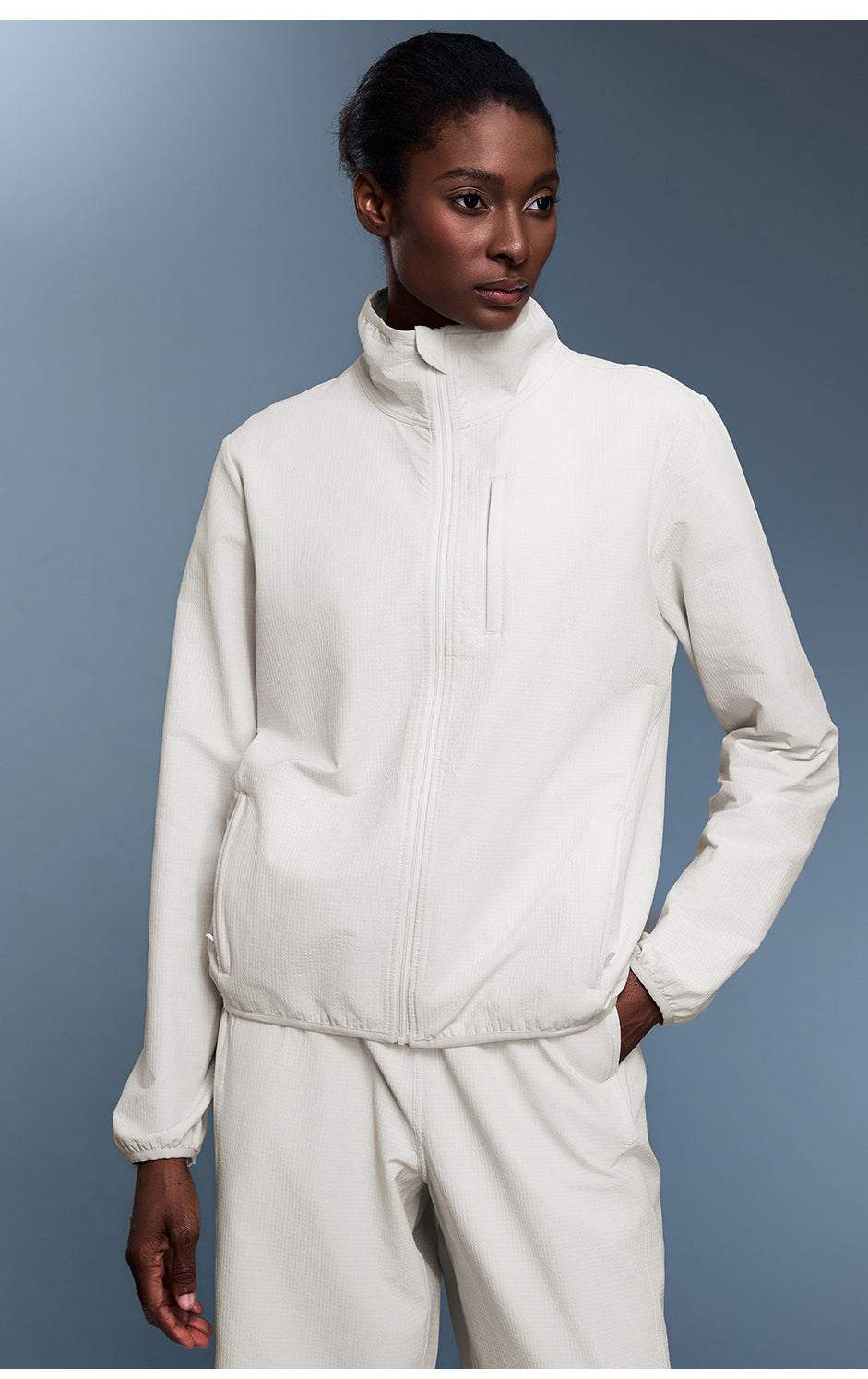 Langry white zip-up waterproof track jacket for outdoor fashion