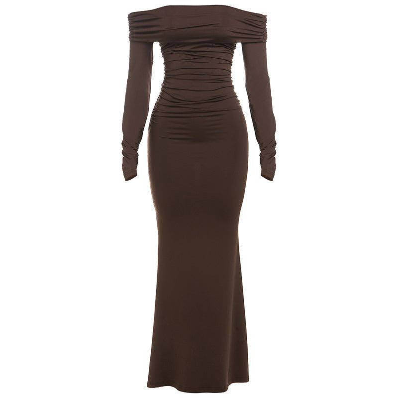 Brown off-the-shoulder long-sleeved dress, a stylish choice for fashion enthusiasts