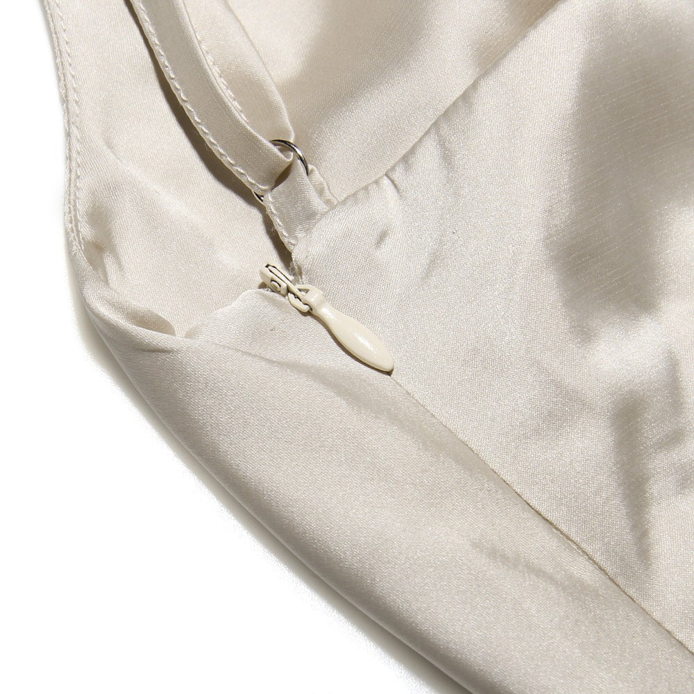 Cream-colored satin detail of the shoulder evening dress with free shipping options