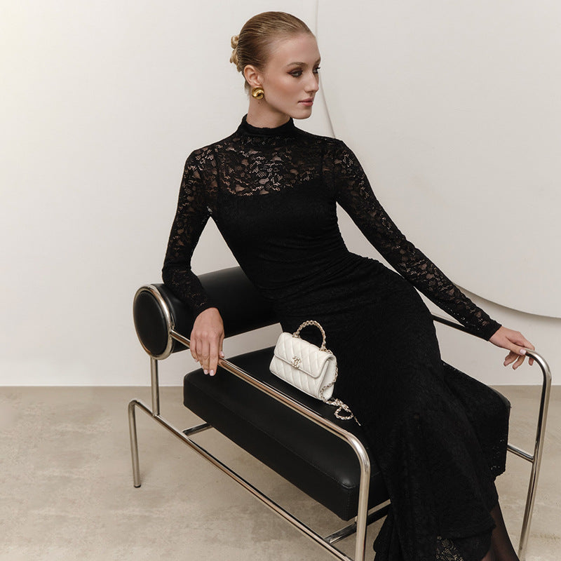 Elegant woman in black lace dress with white quilted handbag showcasing fashion and ملابس