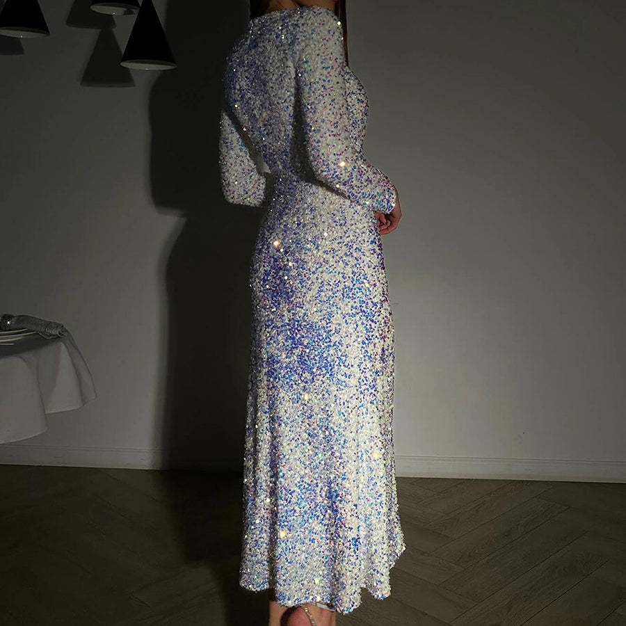 Sparkly silver sequined Velvet Sequin Slim Fit Fishtail Evening Dress for elegant fashion