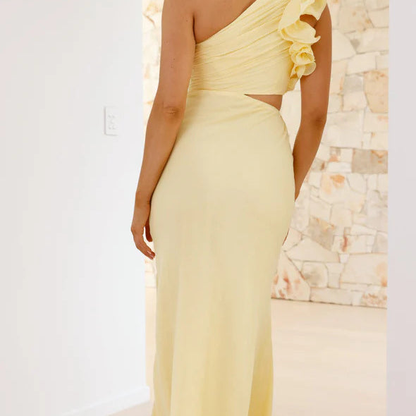 Yellow one-shoulder Enchanting Slim Fit Dress, a stylish choice in ملابس fashion