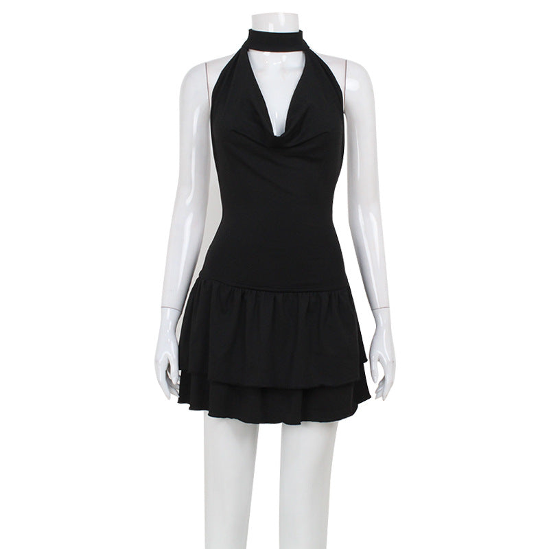 Backless Halter Low Cut Swing Collar High Sense Solid Color Ruffles Dress