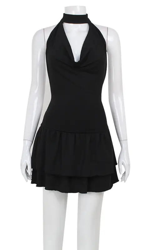 Backless Halter Low Cut Swing Collar High Sense Solid Color Ruffles Dress