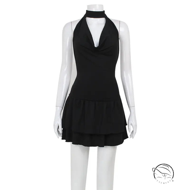 Backless Halter Low Cut Swing Collar High Sense Solid Color Ruffles Dress