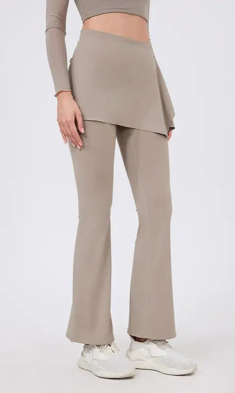 Taupe high-waisted flared yoga pants with peplum hem, hip lifting nude feel