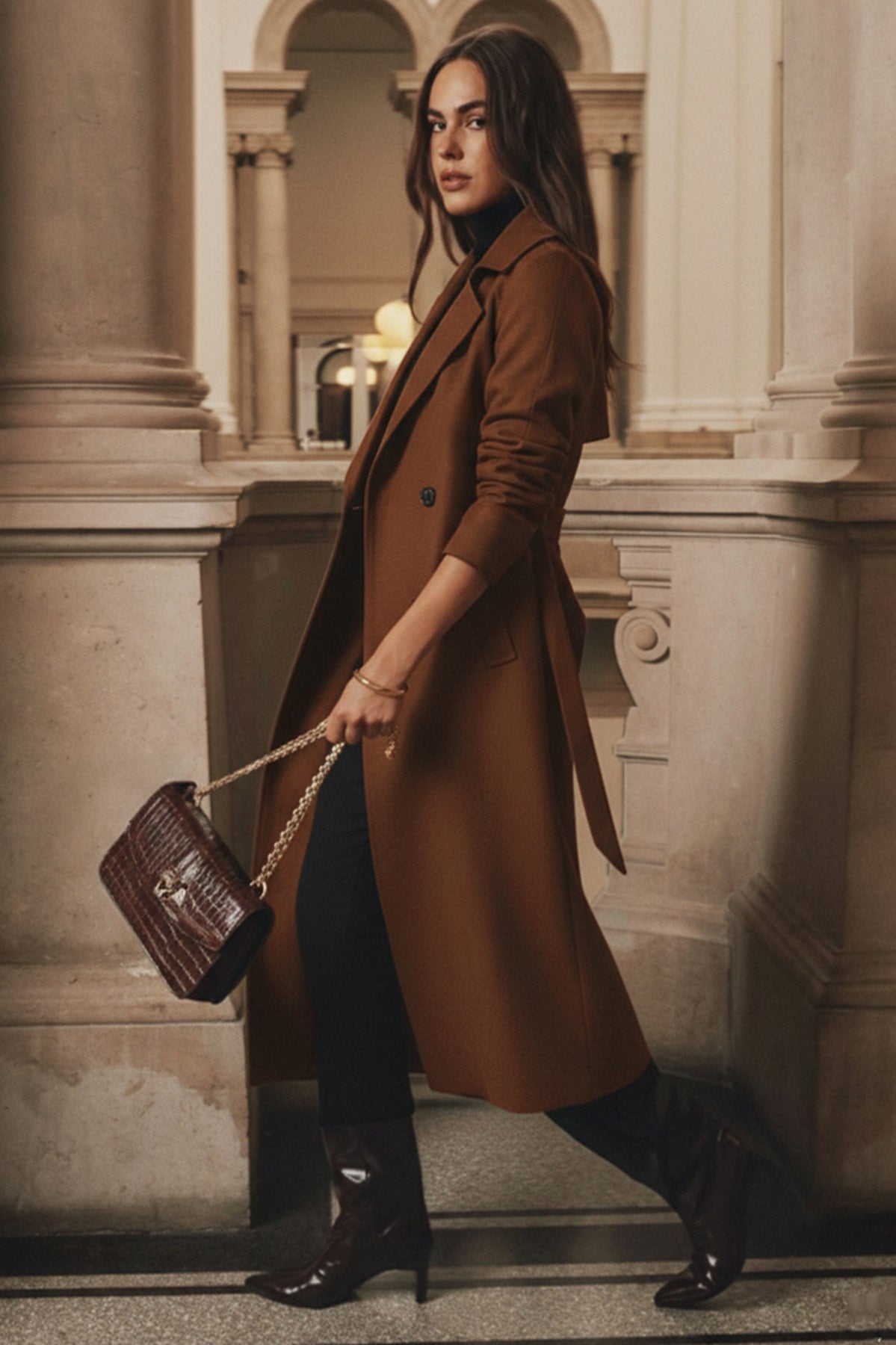 Elegant langry fashion brown crocodile-embossed handbag with gold chain strap for winter woolen coat