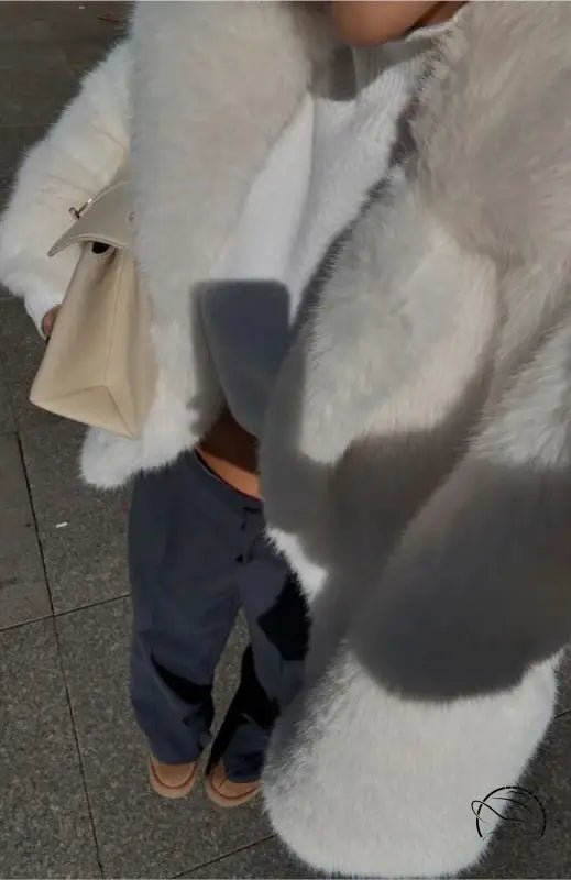 White fluffy faux fur coat with black trim and warm pockets