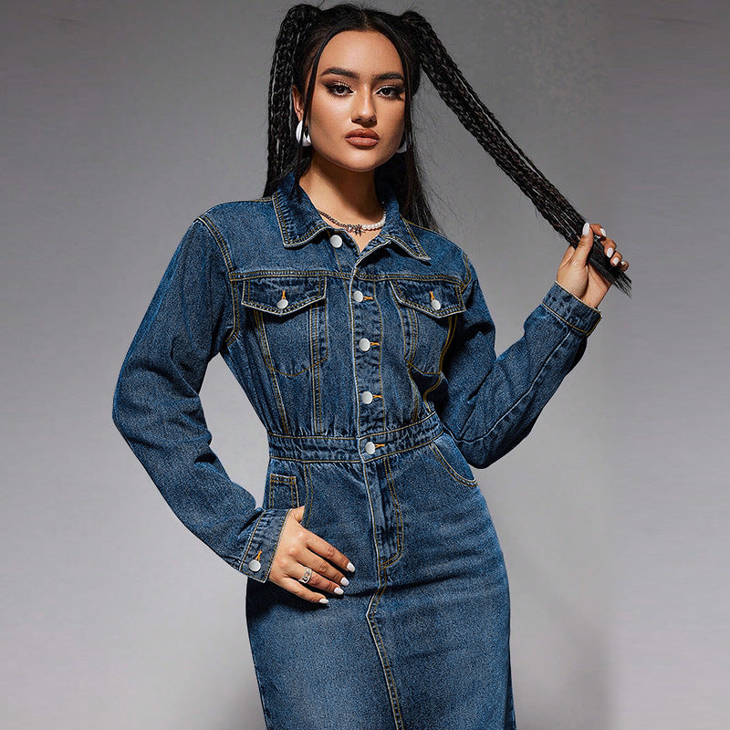 Woman wearing a split denim maxi dress with long sleeves, collared, button-front, elastic waist
