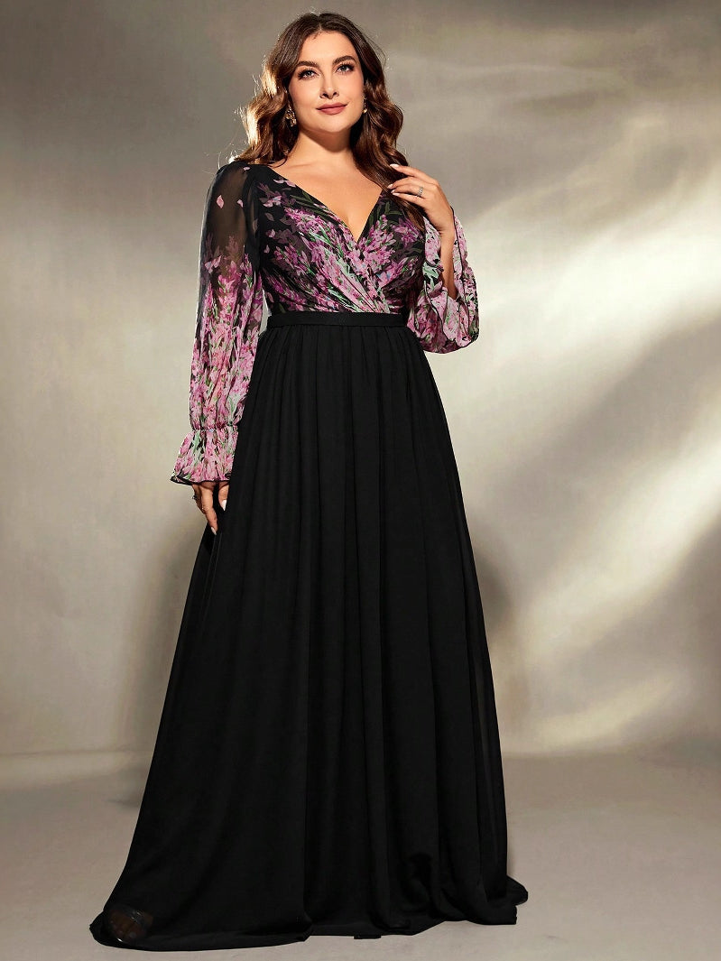 Plus size black and purple floral long sleeve ball gown evening dress
