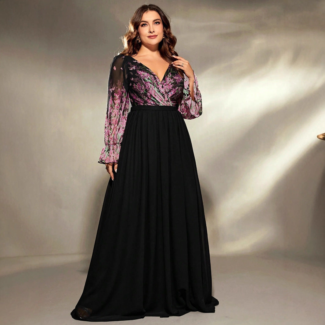 Plus size black and purple floral long sleeve ball gown evening dress