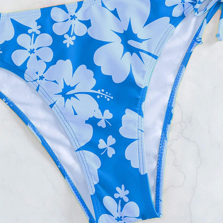 Blue and white floral bikini bottoms with suspenders printed high waist design