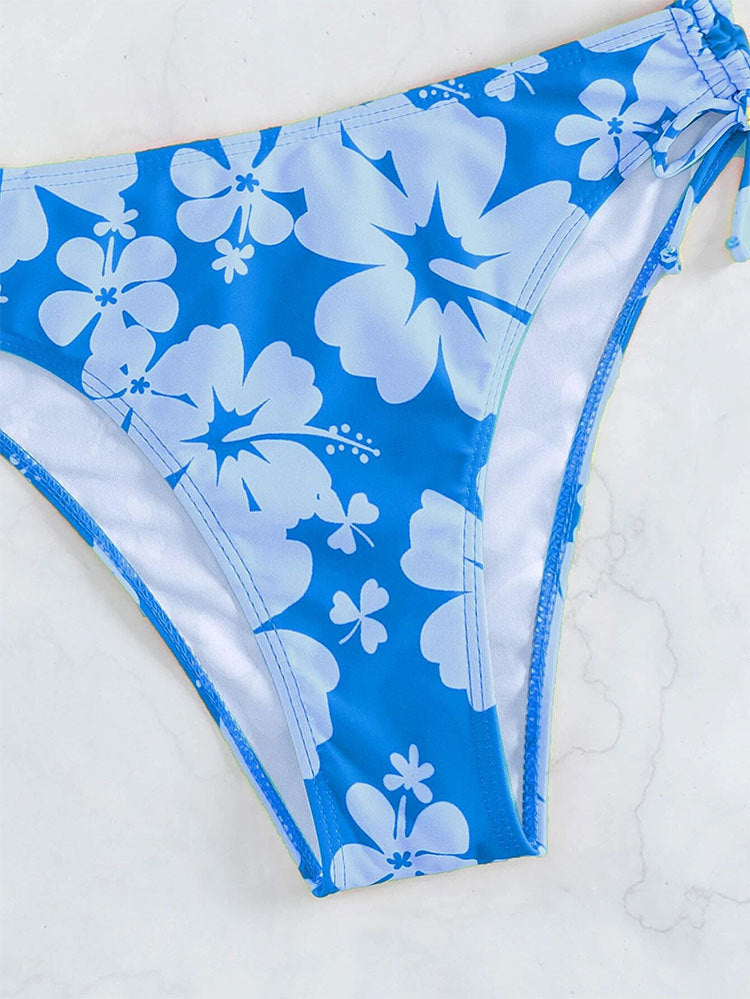 Blue and white floral bikini bottoms with suspenders printed high waist design