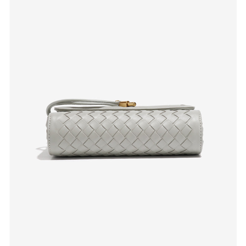 Gray woven leather clutch with gold clasp, perfect for elegant fashion and ملابس styles