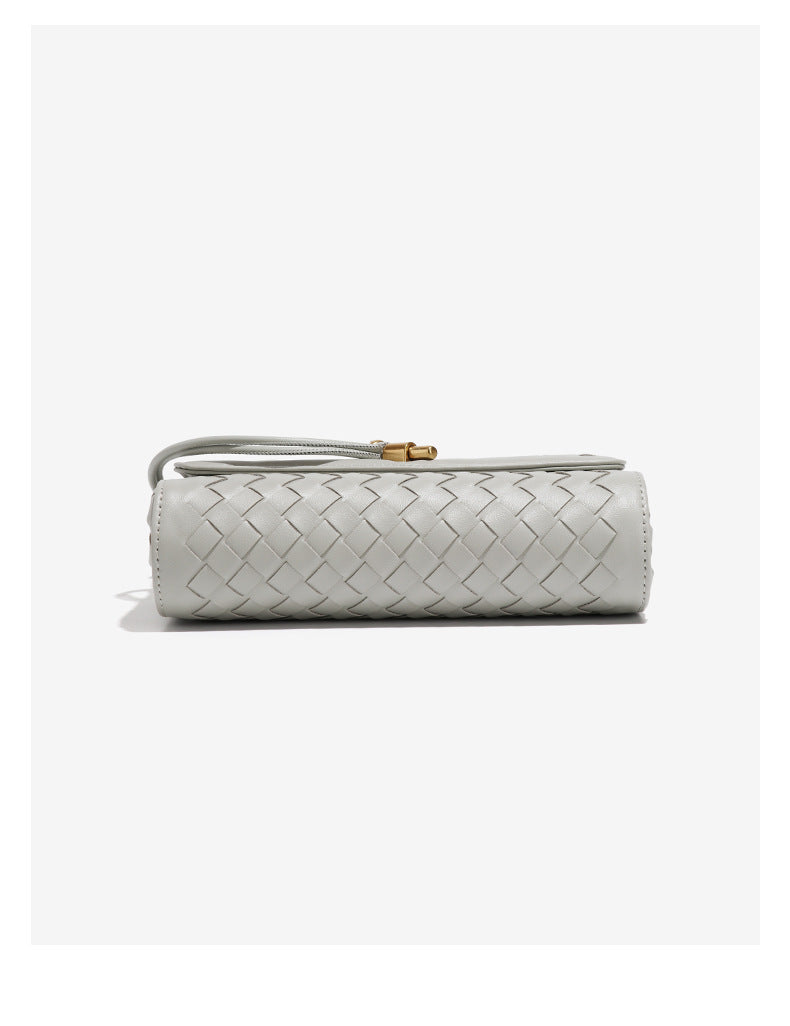 Gray woven leather clutch with gold clasp, perfect for elegant fashion and ملابس styles