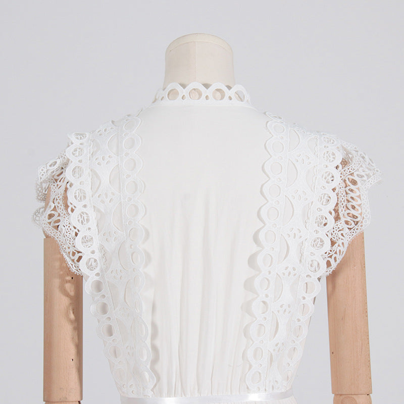 White lace-trimmed blouse with stand collar, perfect for langry fashion and spring use