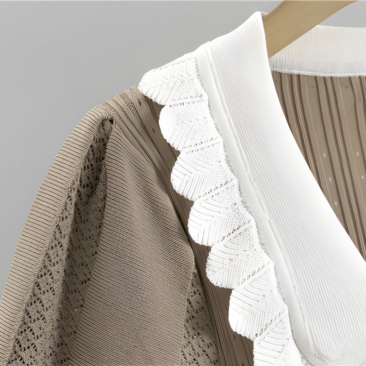 Beige knit fabric with white scalloped lace trim for French High Sense Dress fashion ملابس