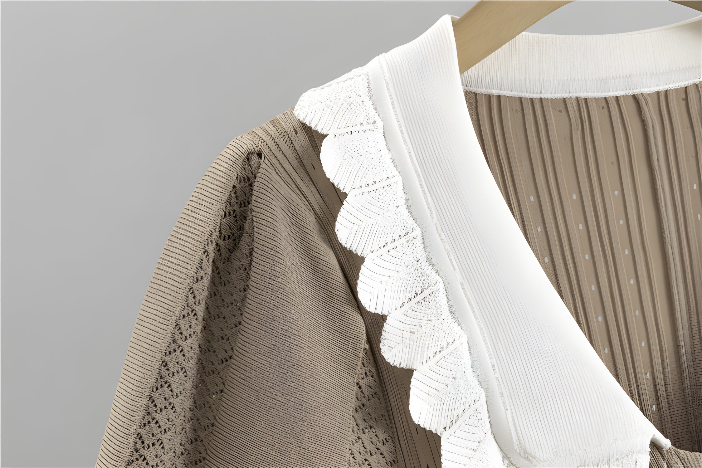 Beige knit fabric with white scalloped lace trim for French High Sense Dress fashion ملابس