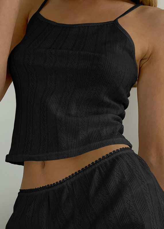 Black ribbed knit crop top with lace trim in Langry fashion pajamas