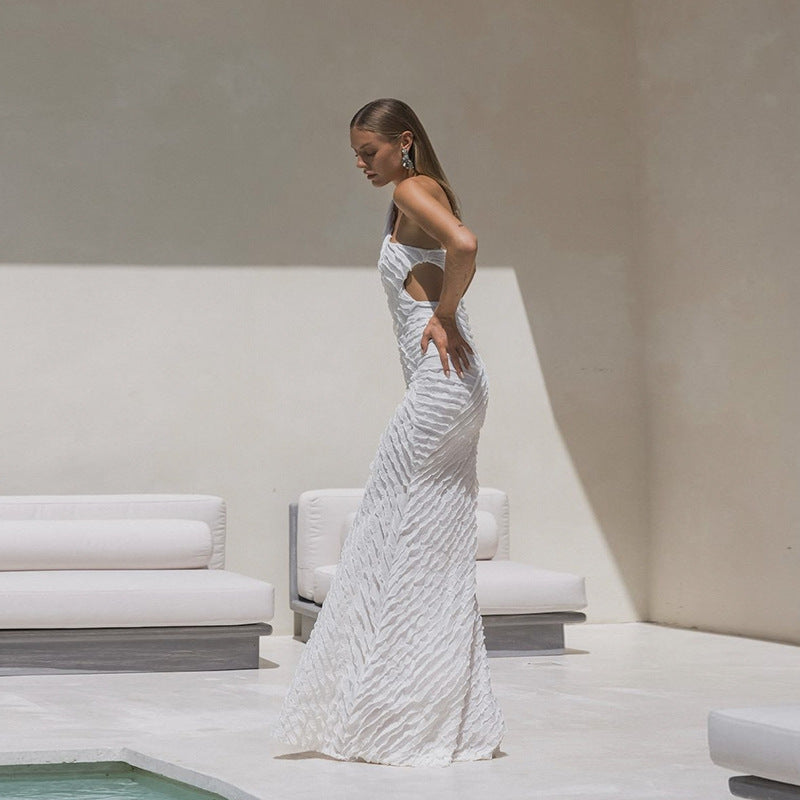 Sleek white wedding gown with geometric sequins, perfect for fashionable brides in ملابس