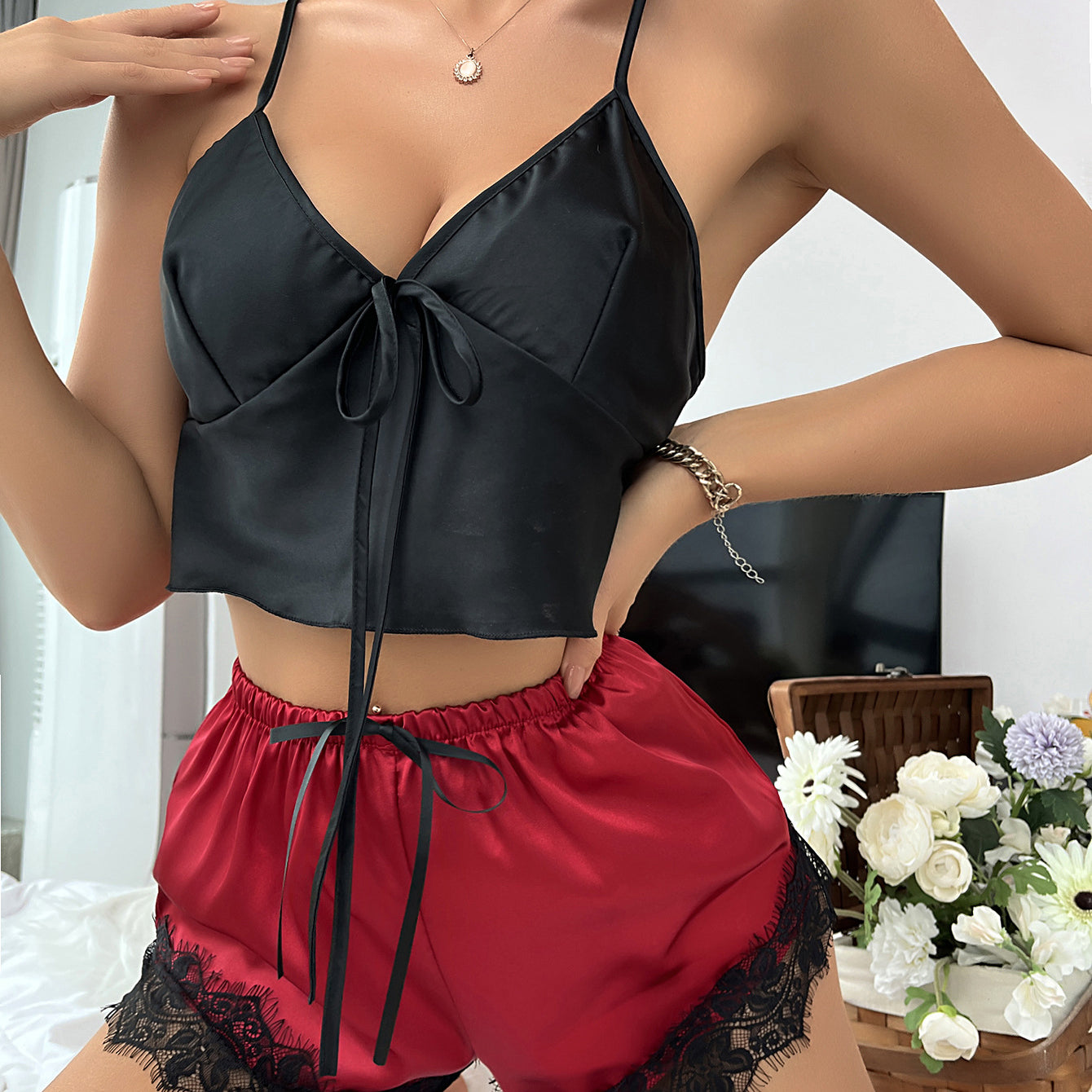 Langry Ice Silk trimmed shorts two-piece set in black satin with lace and red accents