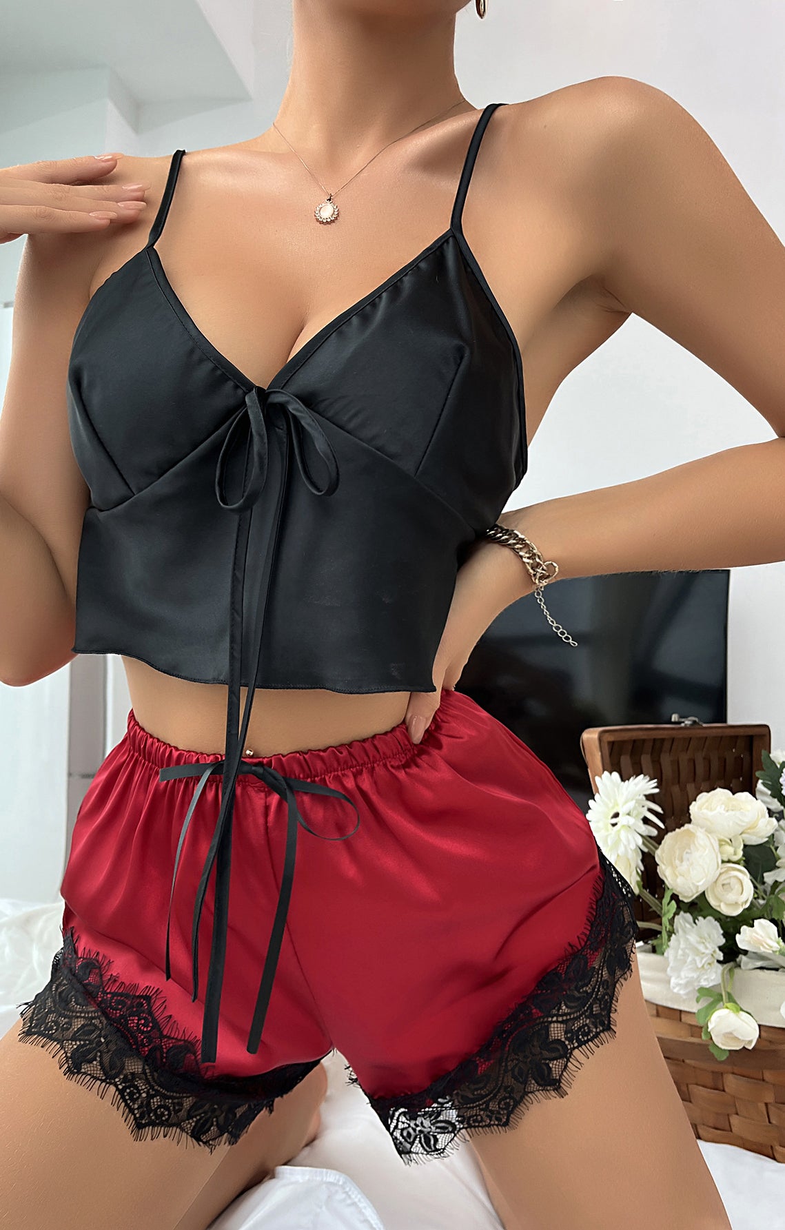 Langry Ice Silk trimmed shorts two-piece set in black satin with lace and red accents