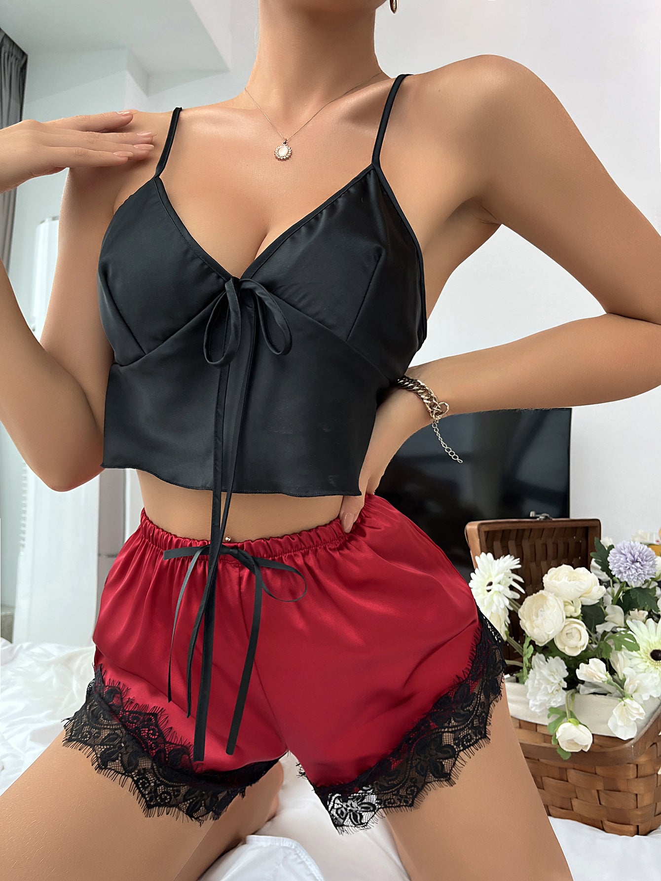 Langry Ice Silk trimmed shorts two-piece set in black satin with lace and red accents