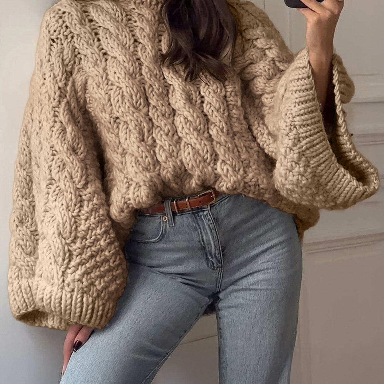 Beige cable knit oversized long sleeve sweater with bell sleeves