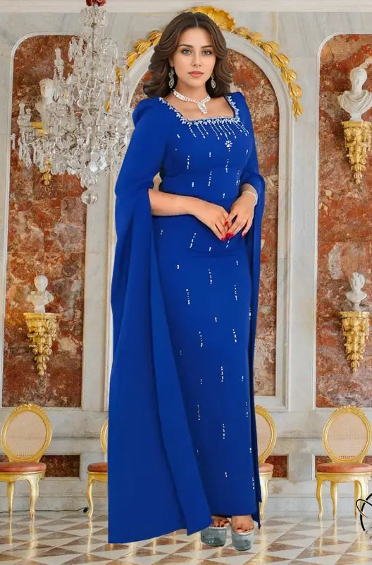 Elegant langry blue gown with cape sleeves in fashion dress