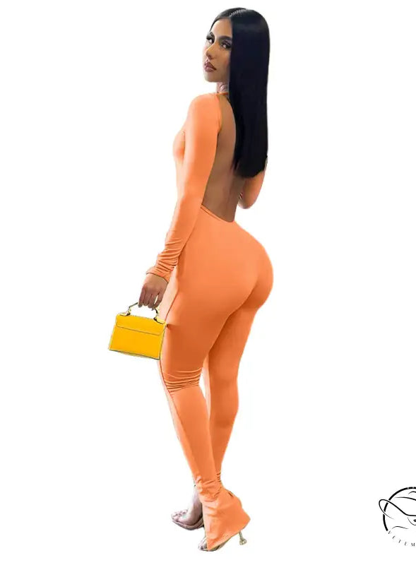 Elegant backless slit jumpsuit in vibrant orange
