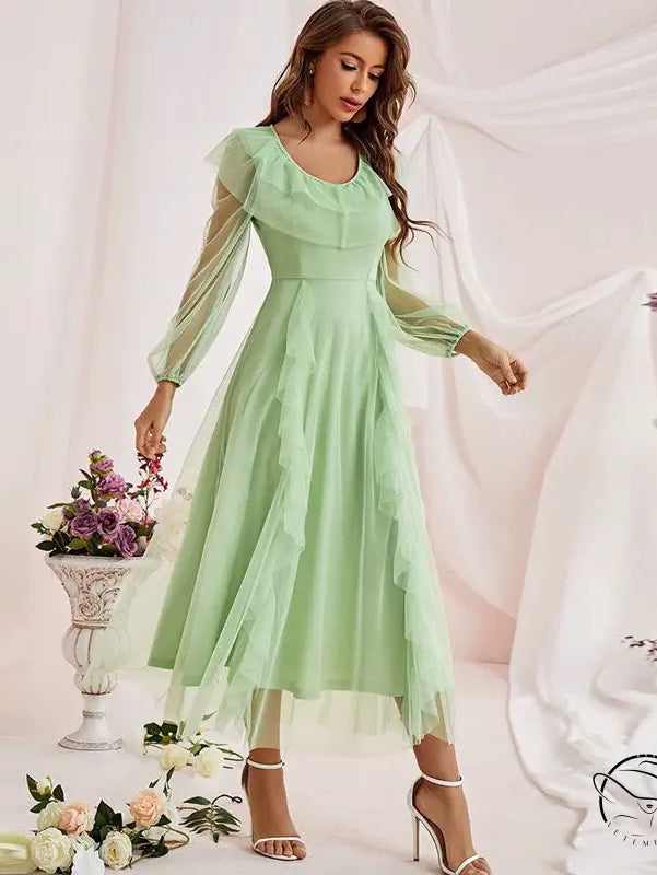 Gorgeous high waist voile A-line dress in mint green with sheer long sleeves