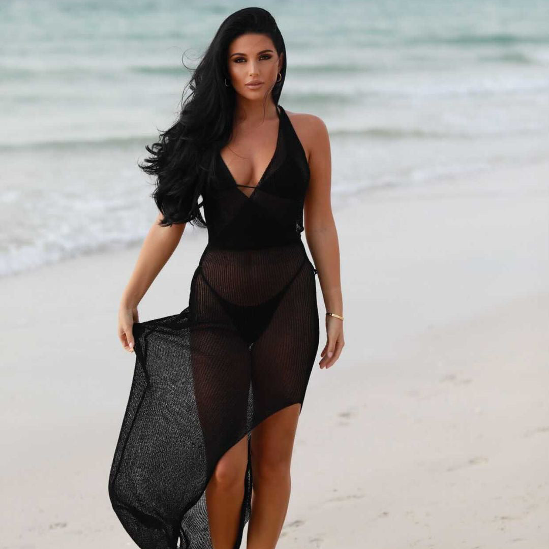 Woman in light camel knitted beach maxi dress showcasing stylish beach maxi dress apparel