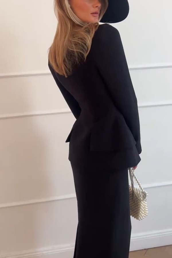 Black peplum suit featuring long sleeve design from the Langry fashion collection
