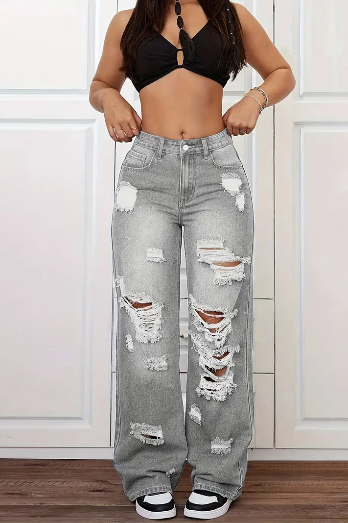 Gray distressed high-waist denim jeans with white patches, holes, langry fashion ملابس