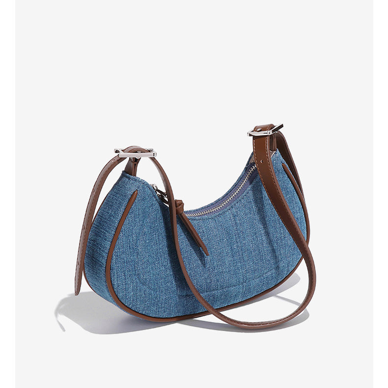 Denim Crescent Handbag with brown leather trim, stylish fashion accessory for ملابس and langry