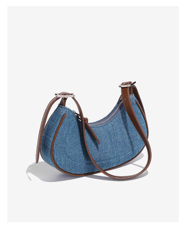 Denim Crescent Handbag with brown leather trim, stylish fashion accessory for ملابس and langry