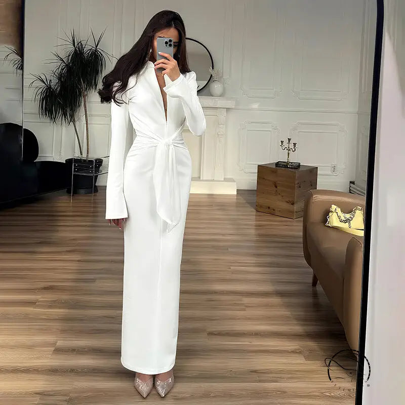 Gorgeous waist tight slim fit white satin wrap dress with long sleeves