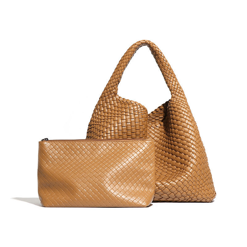 Handmade Woven Bag featuring a woven tan leather hobo bag and pouch for fashion enthusiasts