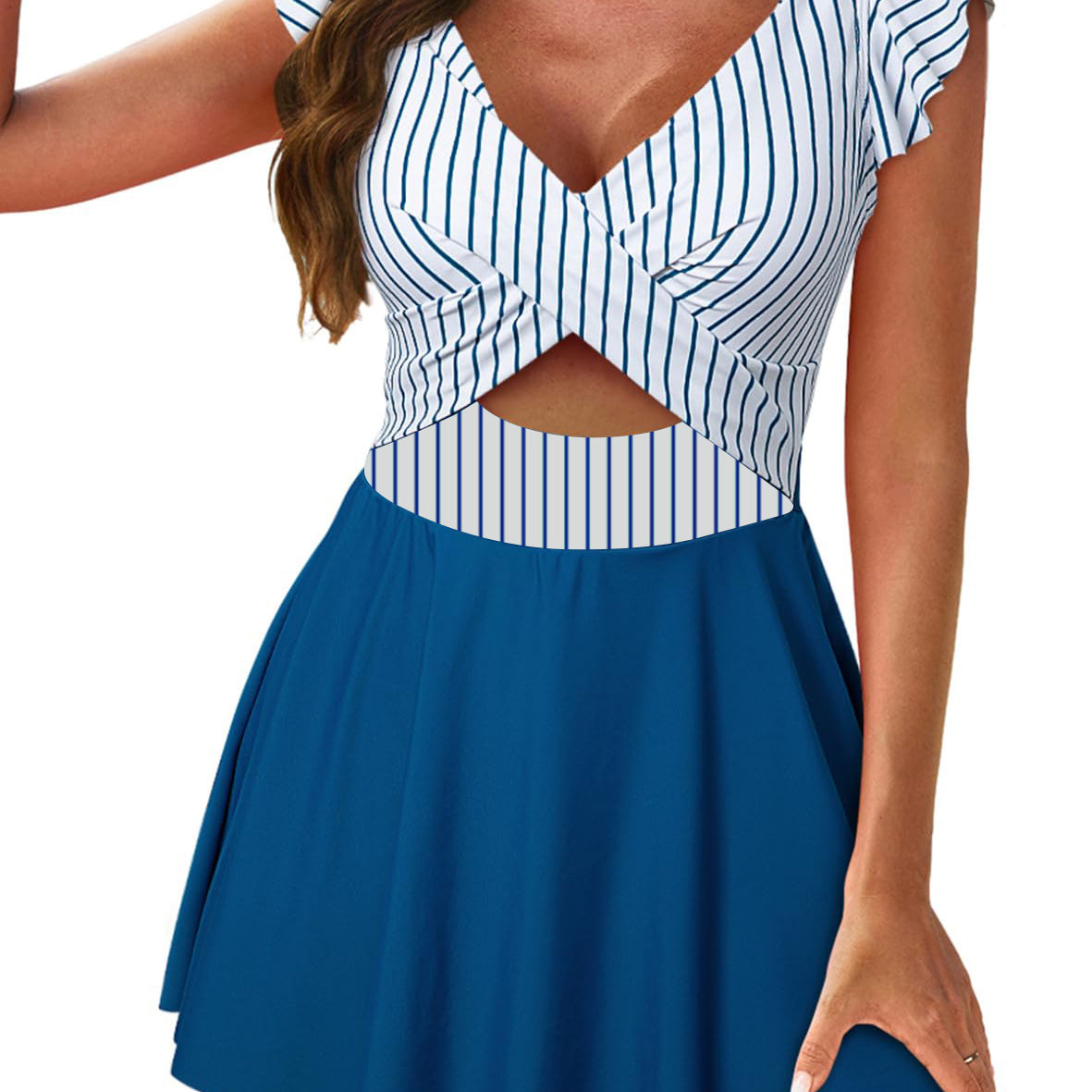 Striped crop top swimdress with blue skirt and ruffled sleeves for fashionable summer wear