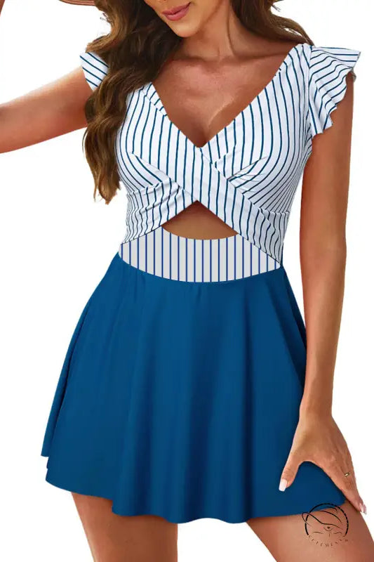 Striped crop top swimdress with ruffled cross skirt and sleeves
