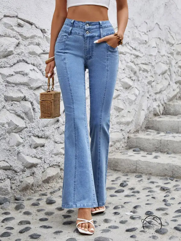 Light-wash blue high-waist stretch casual straight denim trousers with flare and vertical seams