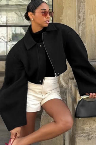 Black Langry cropped woolen jacket with bell sleeves and zipper details