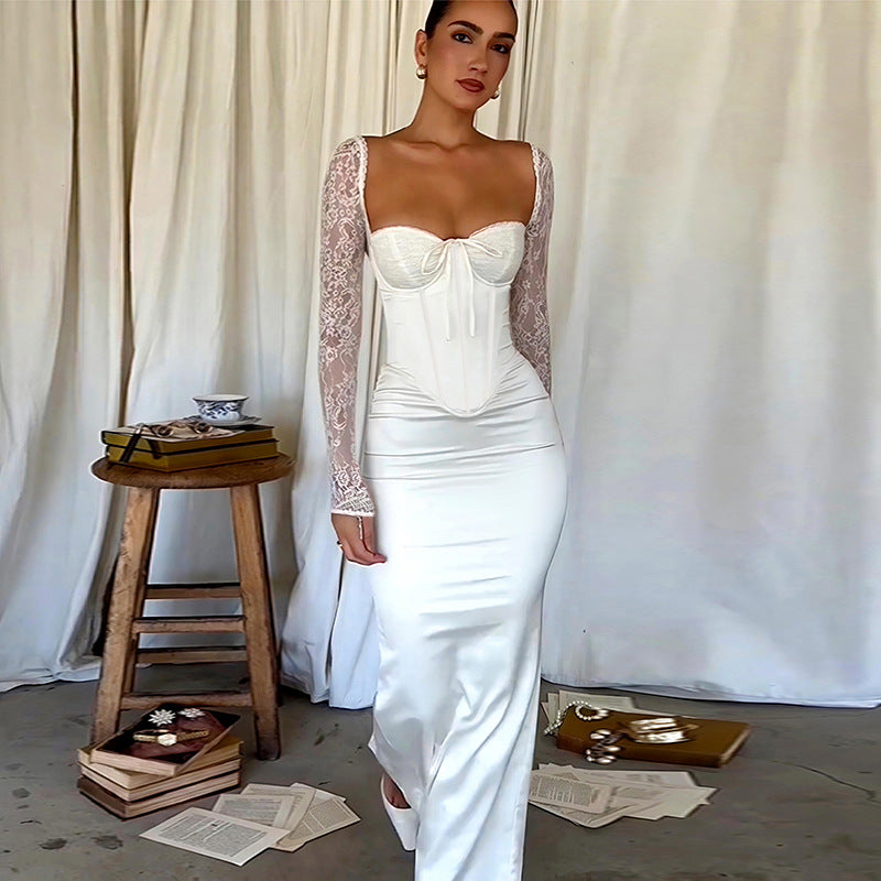 Elegant white long sleeve corset dress with lace sleeves for fashionable occasions