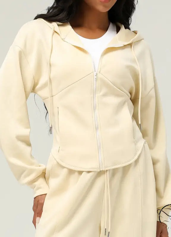 Beige hooded zip-up casual cardigan sweater